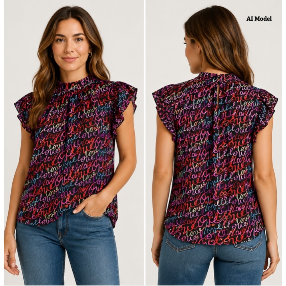 "Love"- Print Pleated Cap-Sleeve Blouse - 7th Avenue by New York & Company